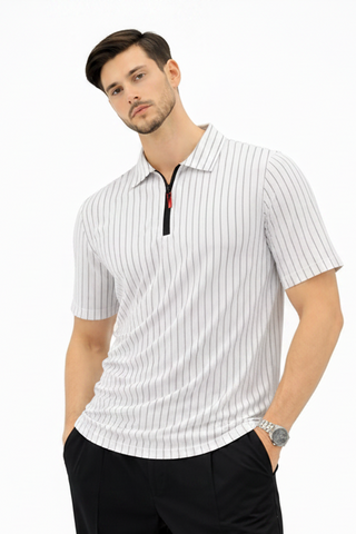 Striped Half-Zip Collared T-Shirt – Off White