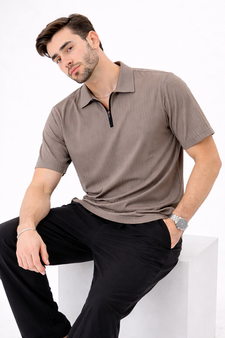 Taupe Ribbed Zip Polo