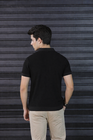 Classic Black Textured Knit Half-Zip Polo Shirt