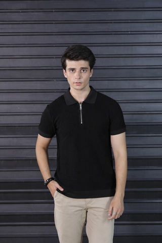 Classic Black Textured Knit Half-Zip Polo Shirt