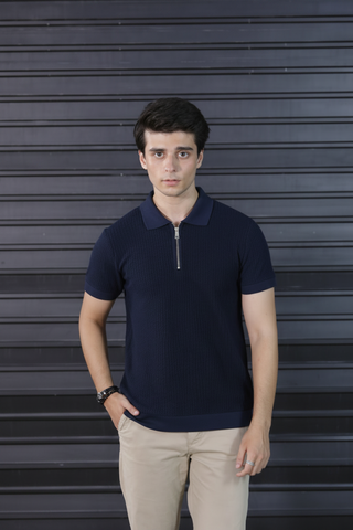 Classic Blue Textured Knit Half-Zip Polo Shirt