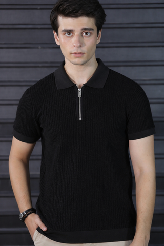 Classic Black Textured Knit Half-Zip Polo Shirt
