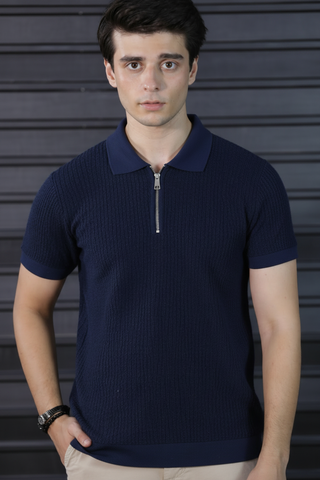 Classic Blue Textured Knit Half-Zip Polo Shirt