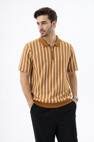 Mustard & White Vertical Striped Short-Sleeve Polo Shirt