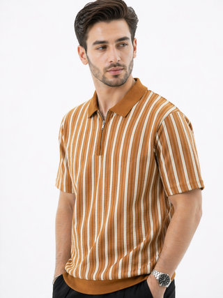 Mustard & White Vertical Striped Short-Sleeve Polo Shirt