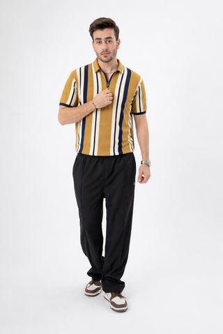 Modern Vertical Stripe Polo – Mustard & Navy Edition