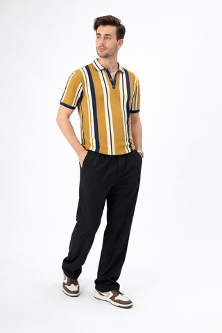 Modern Vertical Stripe Polo – Mustard & Navy Edition