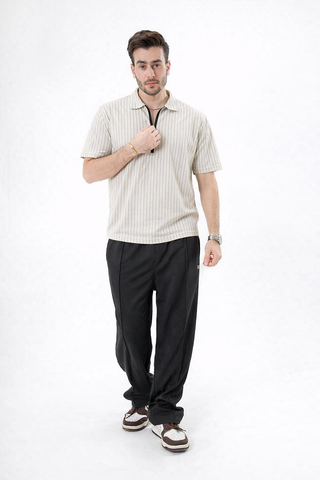 Beige Stripe Zip Polo Tee