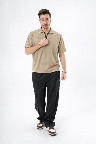 Beige Textured Zip Polo Tee