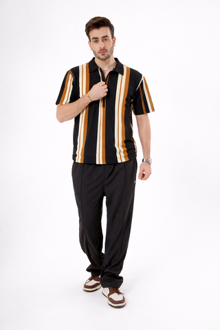 Black Multi Stripe Zip Polo Tee