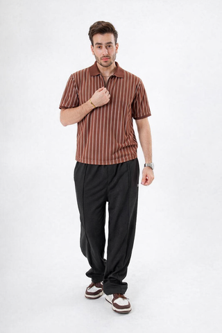 Brown Pinstripe Zip Polo