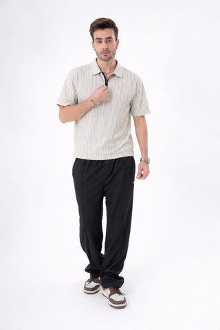 Beige Ribbed Zip Polo