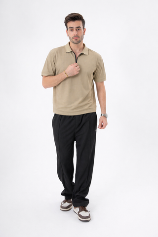 Sand Ribbed Zip Polo