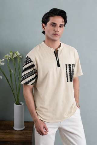 Beige Tribal Sleeve Zip Tee