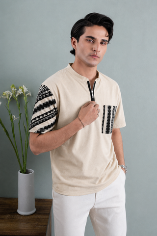 Beige Tribal Sleeve Zip Tee