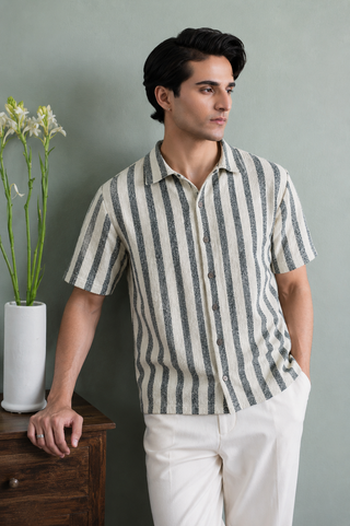 Coastal Stripe Textured Resort Shirt – Ivory & Grey