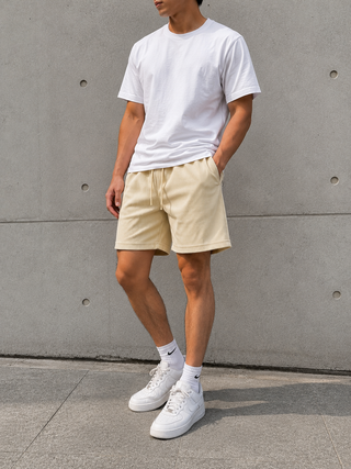 Beige Ribbed Drawstring Shorts