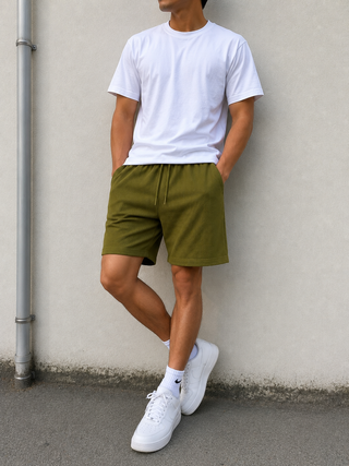 Olive Green Ribbed Casual Sweat Shorts