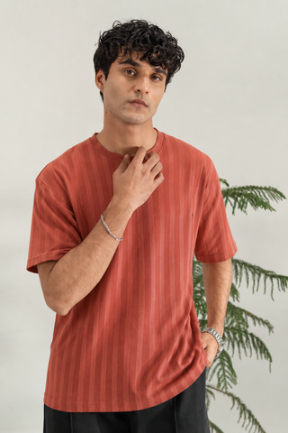 Textured Striped Crew Neck T-Shirt – Rust Orange