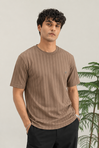 Textured Striped Crew Neck T-Shirt – Mocha Brown