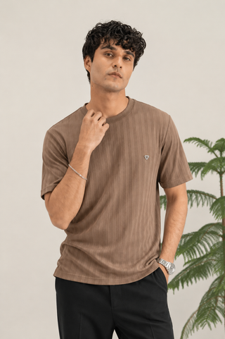 Textured Striped Crew Neck T-Shirt – Mocha Brown