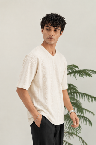 Cream Textured V-Neck T-Shirt