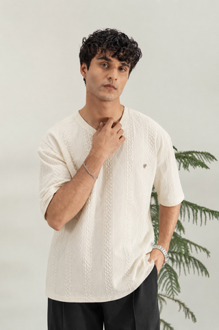 Cream Textured V-Neck T-Shirt