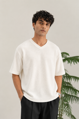 White Textured V-Neck T-Shirt