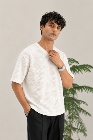 White Textured V-Neck T-Shirt