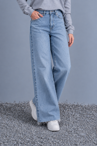High-Rise Light Wash Frayed Wide-Leg Jeans Ecowears.pk