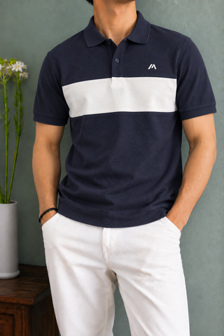 Navy Blue and White Color-Block Polo Shirt Ecowears Store