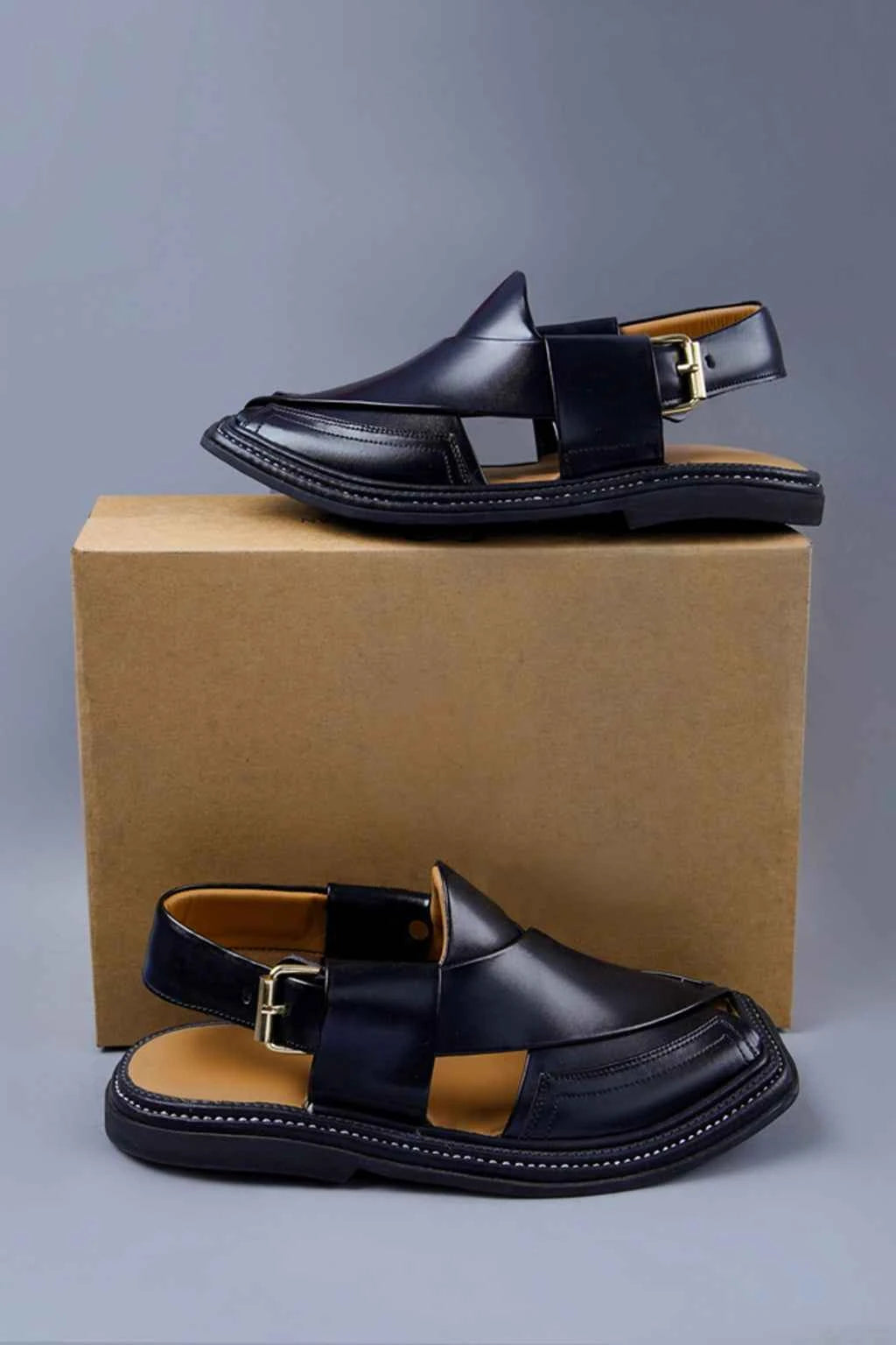 Classic Black Leather Charsadda Chappal with Traditional Side Buckle Closure