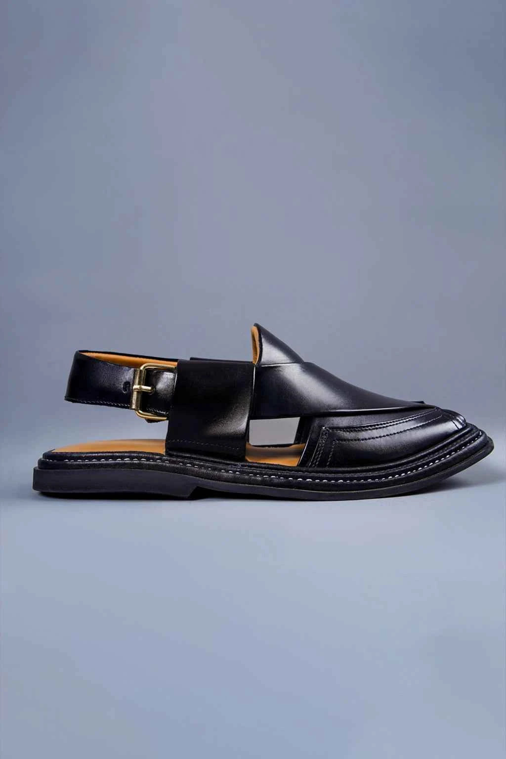 Classic Black Leather Charsadda Chappal with Traditional Side Buckle Closure