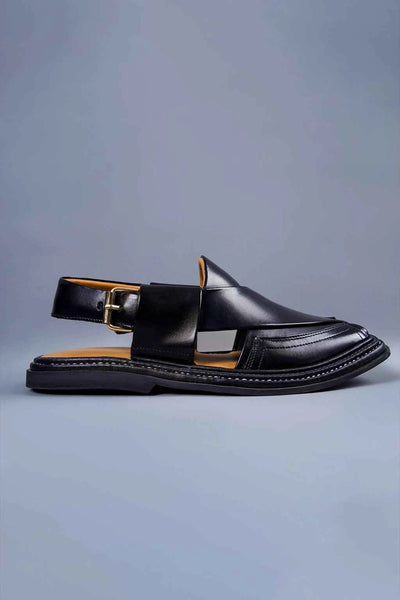 Classic Black Leather Charsadda Chappal with Traditional Side Buckle Closure