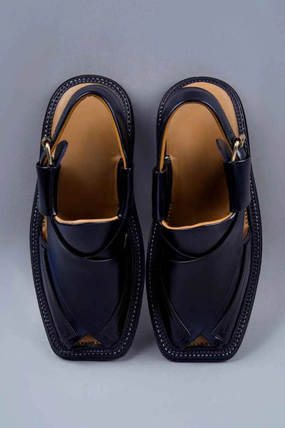 Classic Black Leather Charsadda Chappal with Traditional Side Buckle Closure