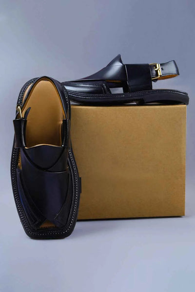 Classic Black Leather Charsadda Chappal with Traditional Side Buckle Closure