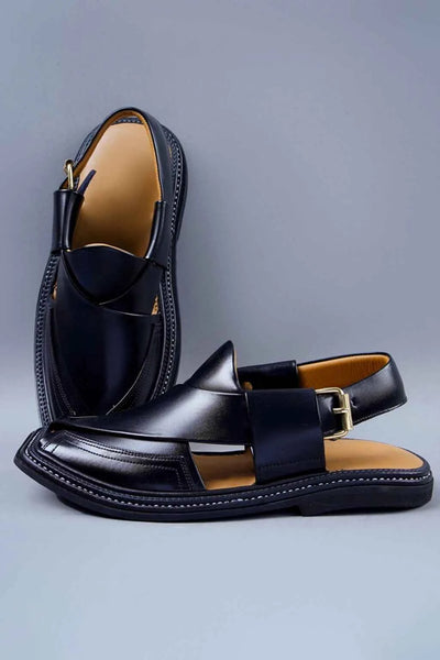 Classic Black Leather Charsadda Chappal with Traditional Side Buckle Closure