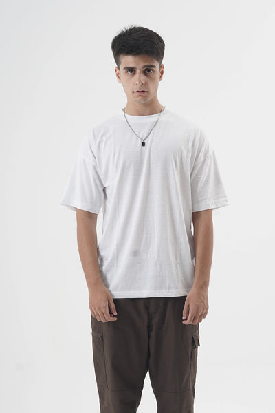 Classic Crew Neck White Cotton T-Shirt with Drop Shoulder Fit