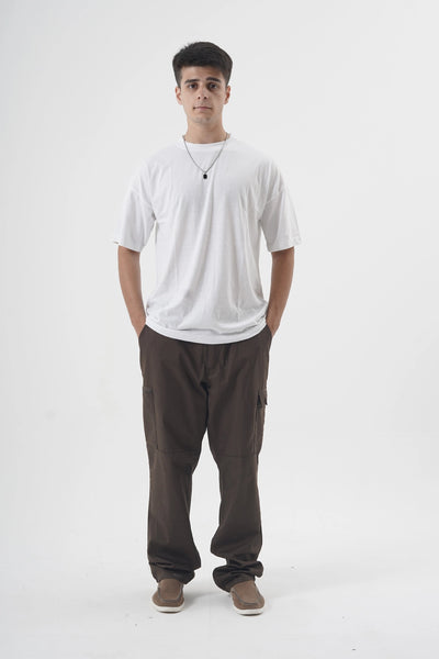 Classic Crew Neck White Cotton T-Shirt with Drop Shoulder Fit
