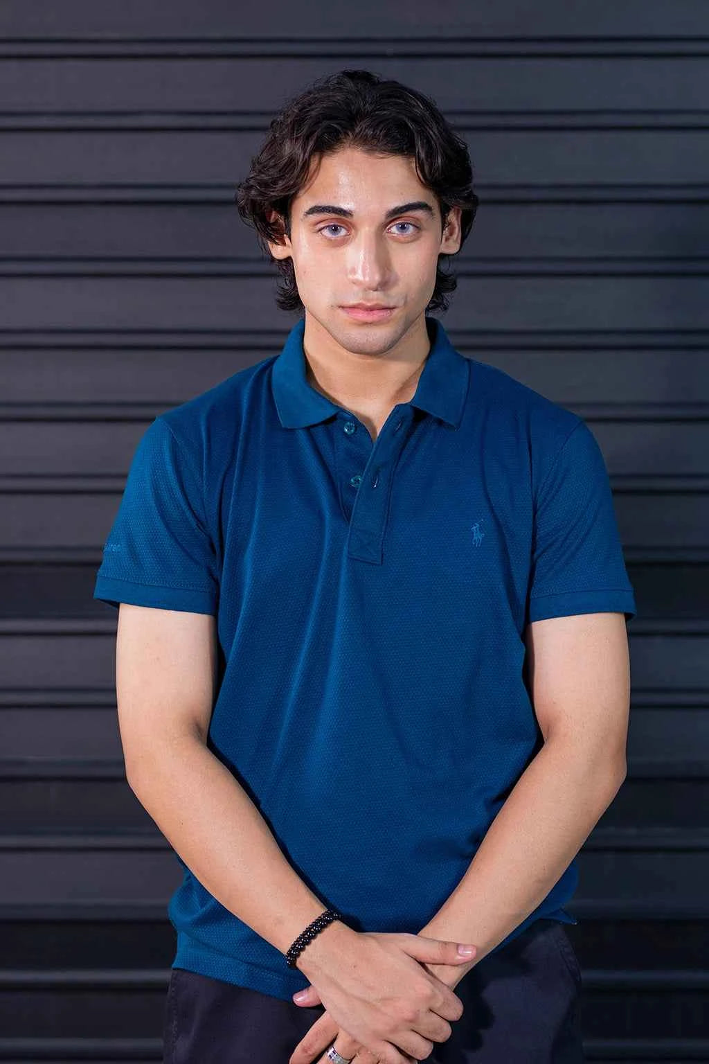 Classic Fit Polo Shirt for Men – Navy Teal Textured Fabric