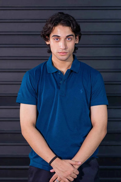 Classic Fit Polo Shirt for Men – Navy Teal Textured Fabric