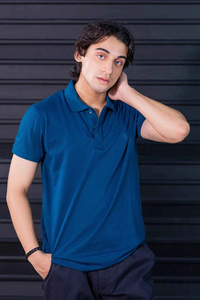 Classic Fit Polo Shirt for Men – Navy Teal Textured Fabric
