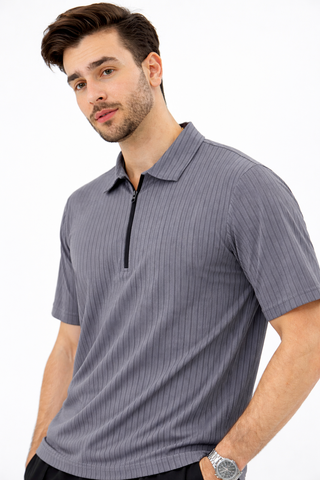 Ribbed Half-Zip Collared T-Shirt – Grey