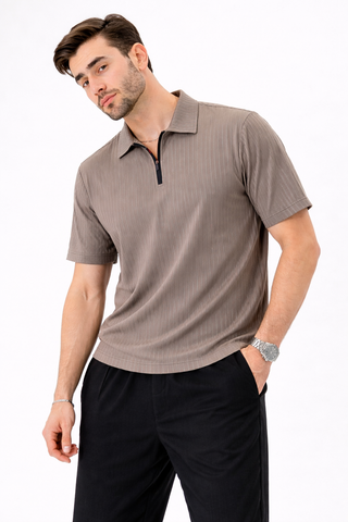 Taupe Ribbed Zip Polo
