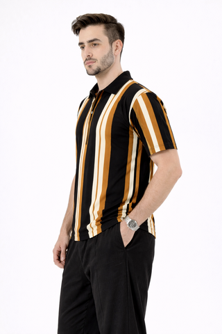 Black Multi Stripe Zip Polo Tee