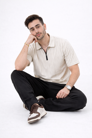 Beige Ribbed Zip Polo
