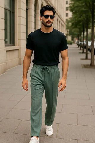 Contemporary Essentials Dusty Seafoam Trousers and Black Crewneck Tee Set for Effortless Style - Ecowears.pk