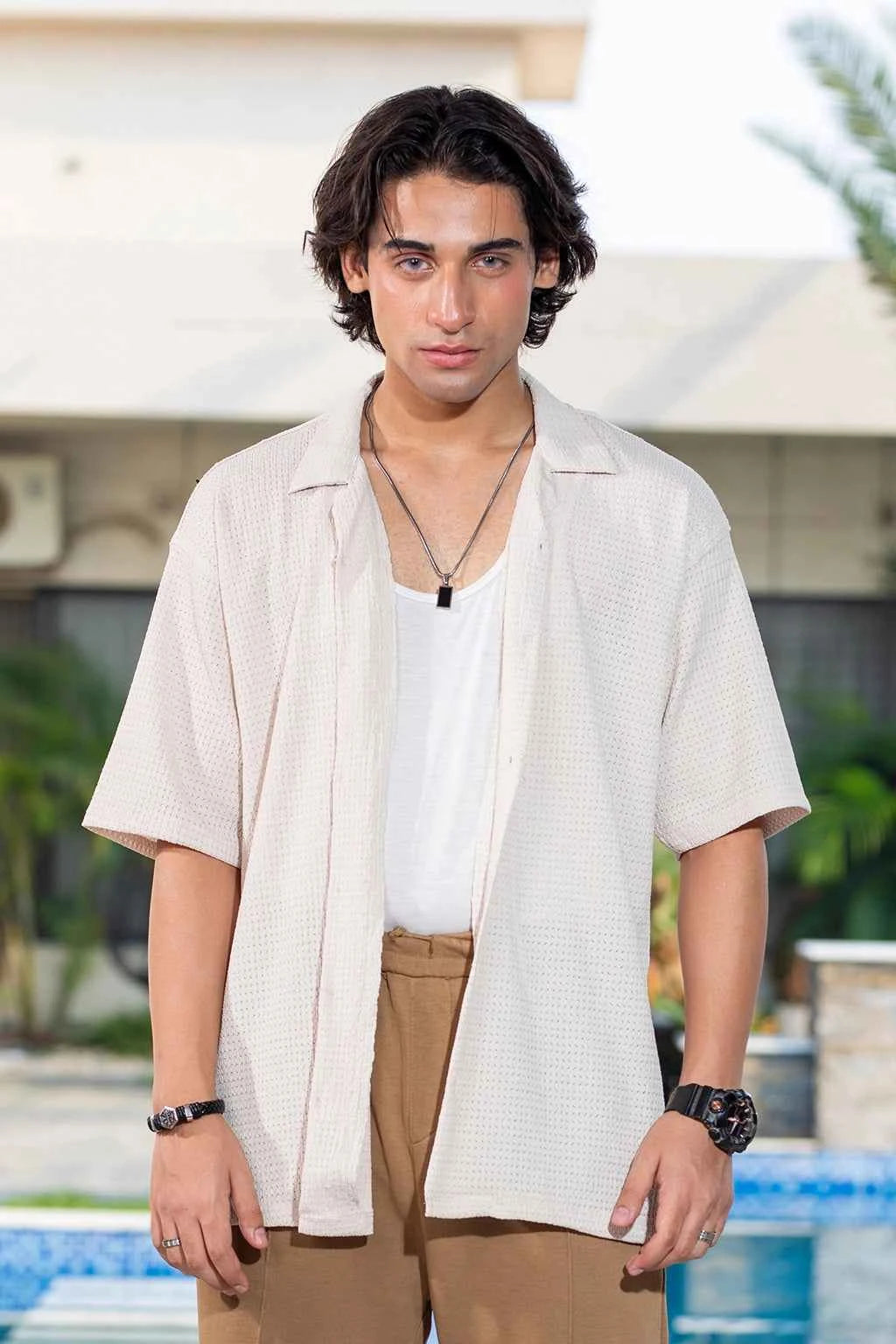 Cream Textured Shirt & Green Trousers Casual Set