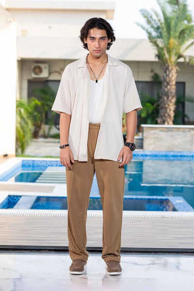 Cream Textured Shirt & Green Trousers Casual Set