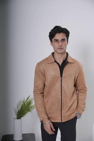 Camel Suede-Style Zip Jacket